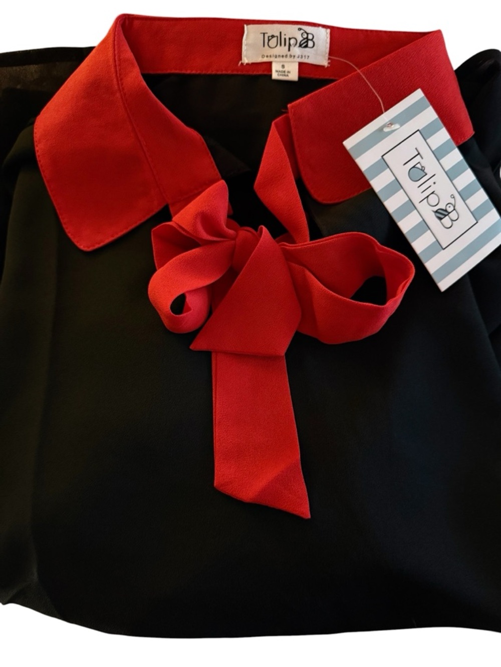 Vintage Vibes Tulip B Black Semi-Sheer Blouse With Red Neck Tie NWT